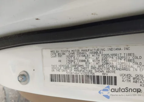 2004 Toyota Sequoia Limited V8 z USA, uszkodzony, nr VIN 5TDBT48A74S223756